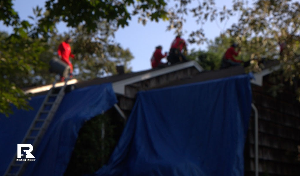 A dedicated roofing team uses protective blue tarps and ladders while performing a complex residential roof fascia repair.